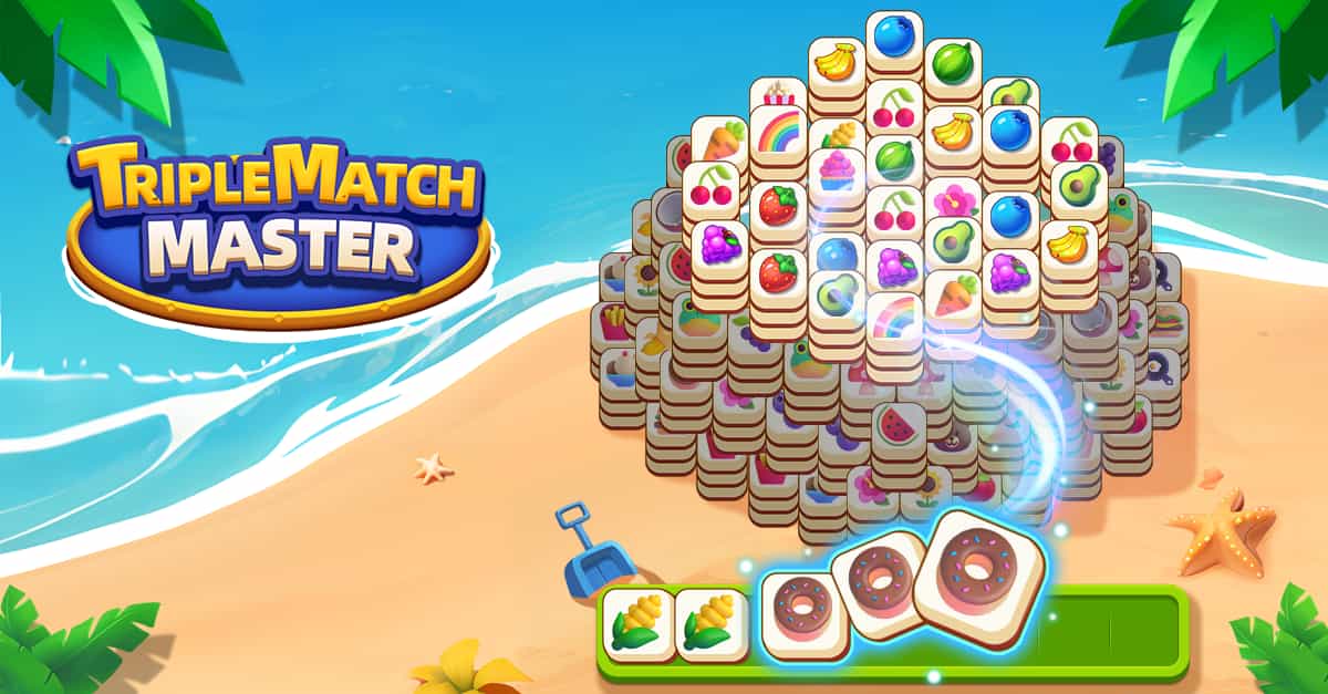 Game screenshot showing mahjong-style tiles with fruit icons on a beach background